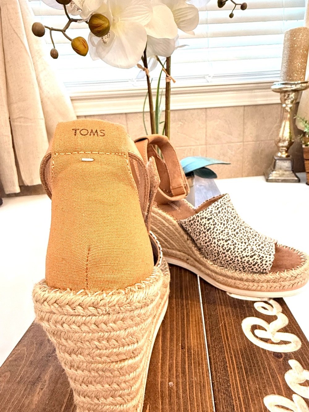 TOMS Wedge Espadrille Sandals in Tan with Leopard Print - Picture 2 of 4